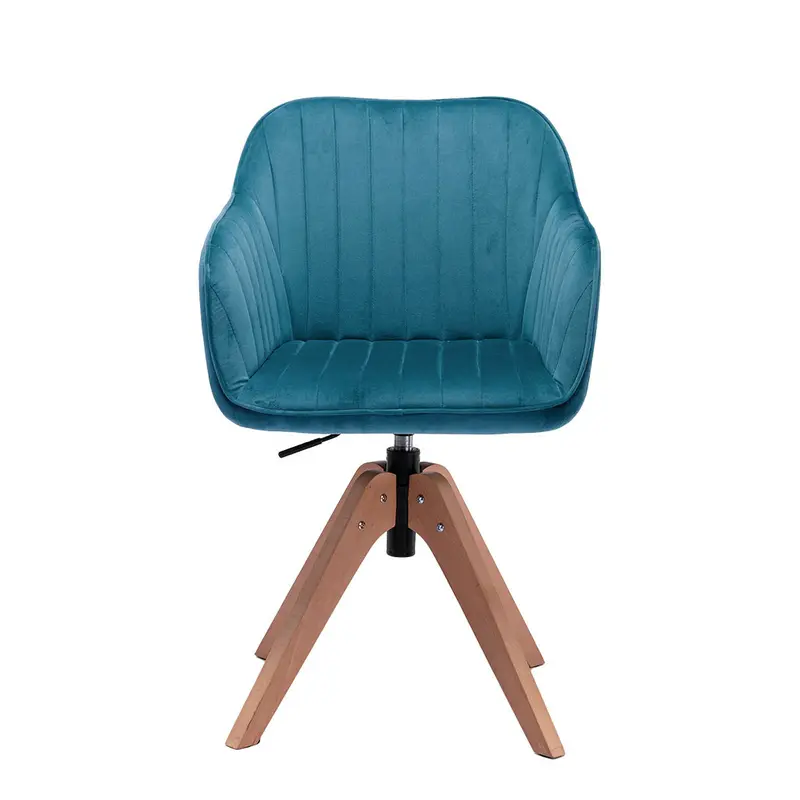 Tufted Teal Blue And Natural Velvet and Wood Dining Arm Chair By Homeroots