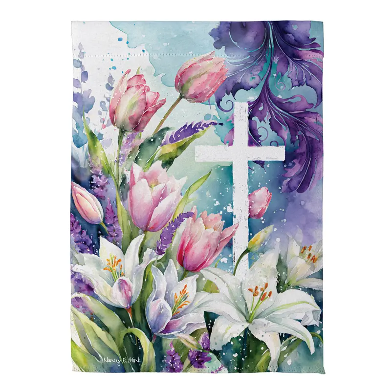 Tulip & Easter Lily Cross Suede House Flag