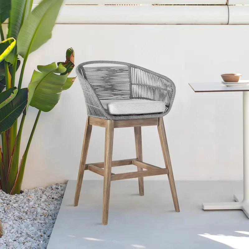 Tutti Frutti Indoor Outdoor Counter Height Bar Stool in Aged Teak Wood with Grey Rope By Armen Living