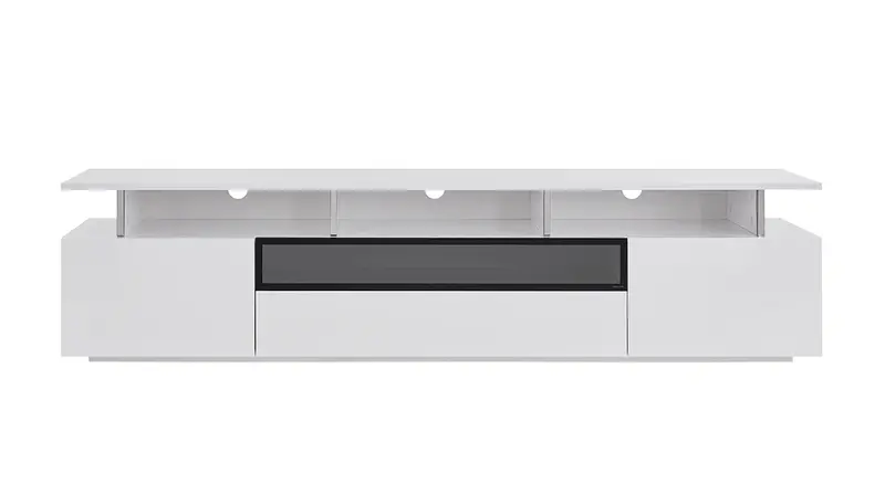 Tv Unit High Gloss White With Gray Glass Middle Drawer 2 Drawers And 2 Doors By Homeroots