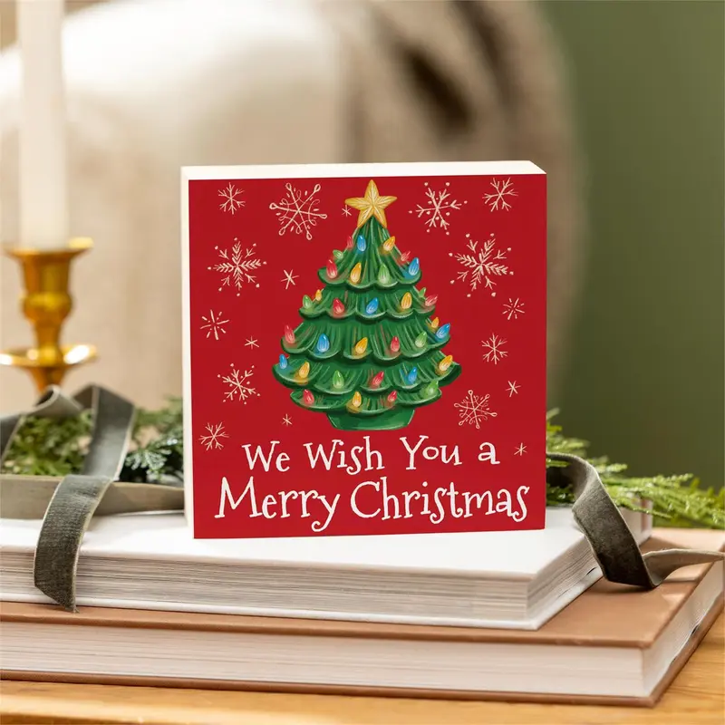 Twas The Night Nostalgia Christmas Tree Sign Wood Block, "We Wish You A Merry Christmas", 6"x6"