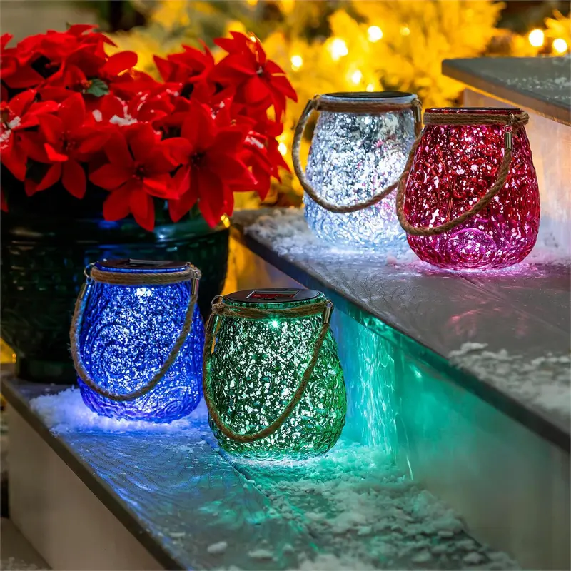 Twas the Night Outdoor Lamp & Lighting, Glass Solar Lantern, Debossed Metallic, 9"H, Asst of 4
