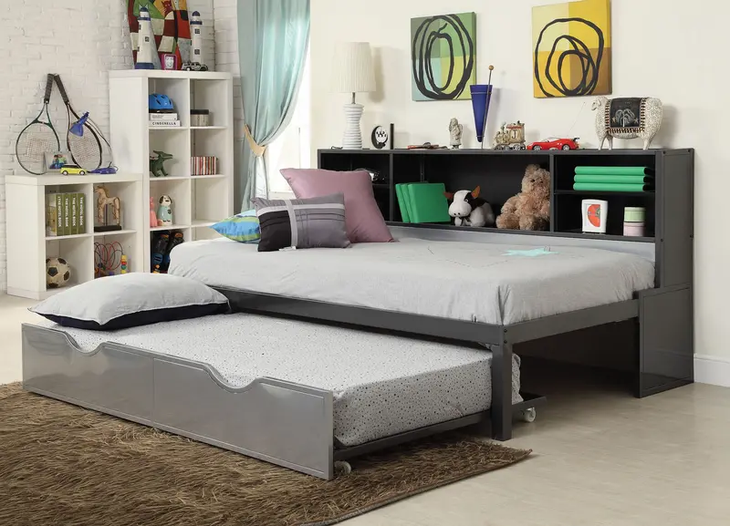 Twin Black And Silver Metal Tube Bed With Bookcase And Trundle By Homeroots