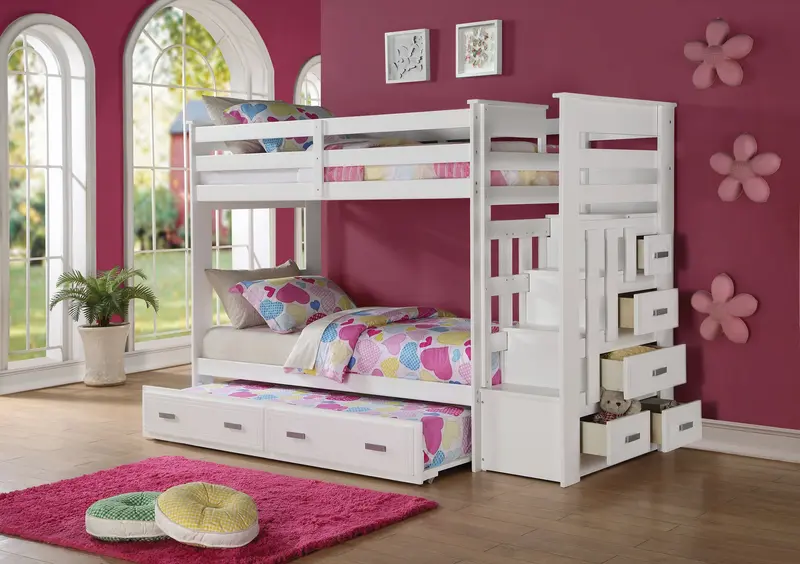 Twin Over Twin White Storage Ladder And Trundle Bunk Bed By Homeroots