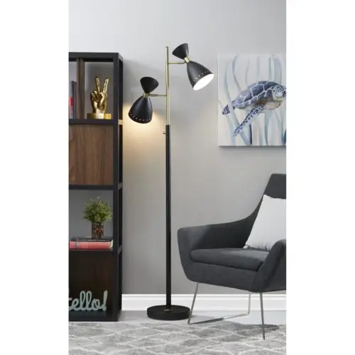 Two Light Brass Cinch Floor Lamp in Black Metal By Homeroots