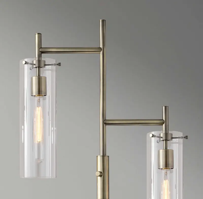Two Light Modern Floor Lamp Clear Glass Cylinder Shade with Vintage Filament Bulb Antique Brass Metal Pole By Homeroots