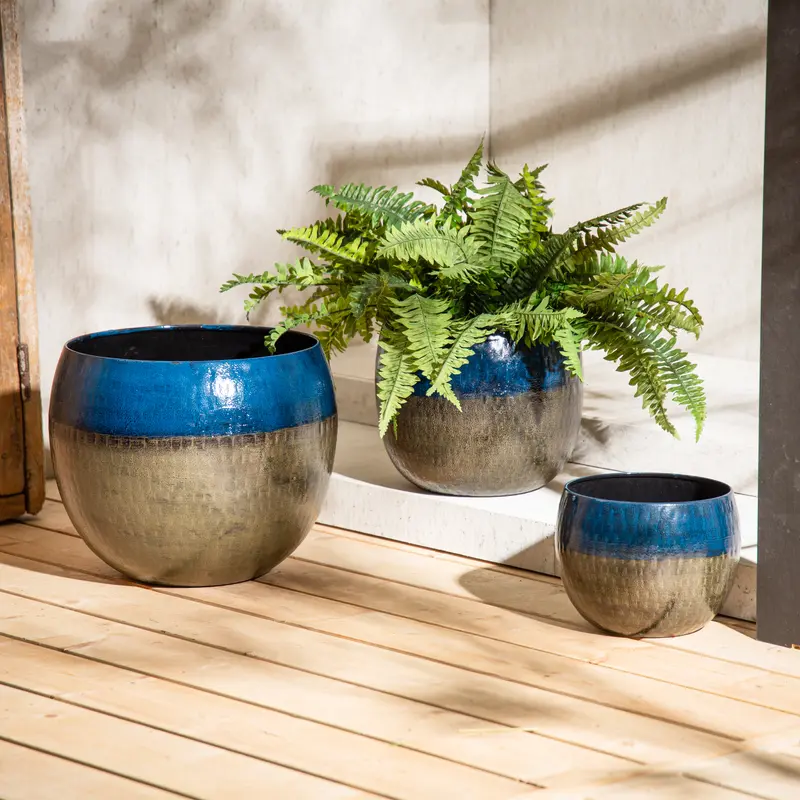 Two-Tone Dark Blue and Gray Round Metal Planter, Set of 3,8pmtl374