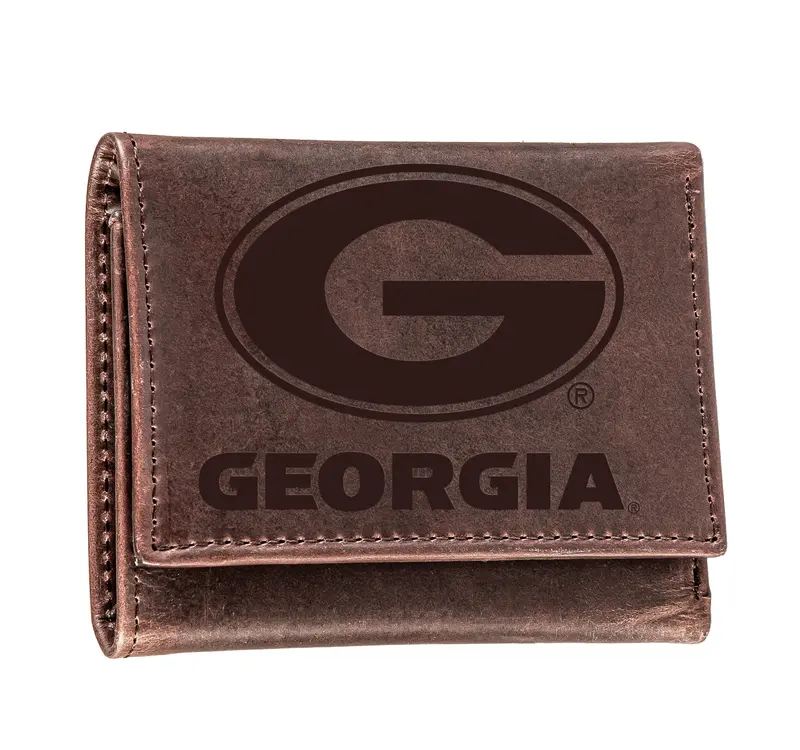 University of Georgia, Tri-Fold Wallet, Brown, CH, 100% Genuine Leather