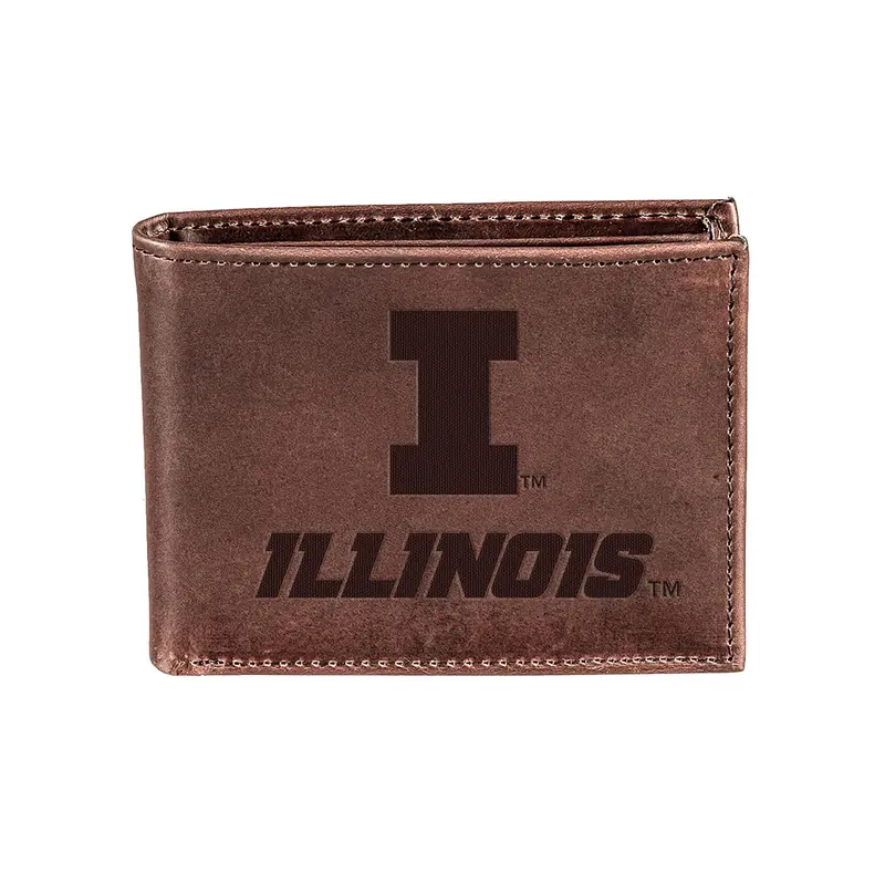 University of Illinois, Bi-Fold Wallet, Brown, CH, 100% Genuine Leather