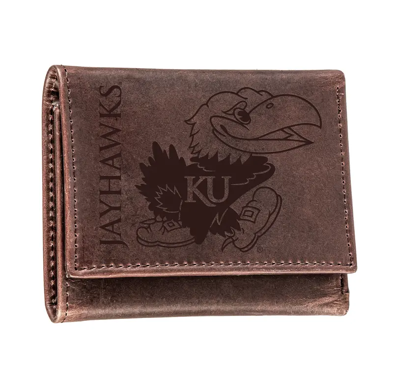 University of Kansas, Tri-Fold Wallet, Brown, CH, 100% Genuine Leather