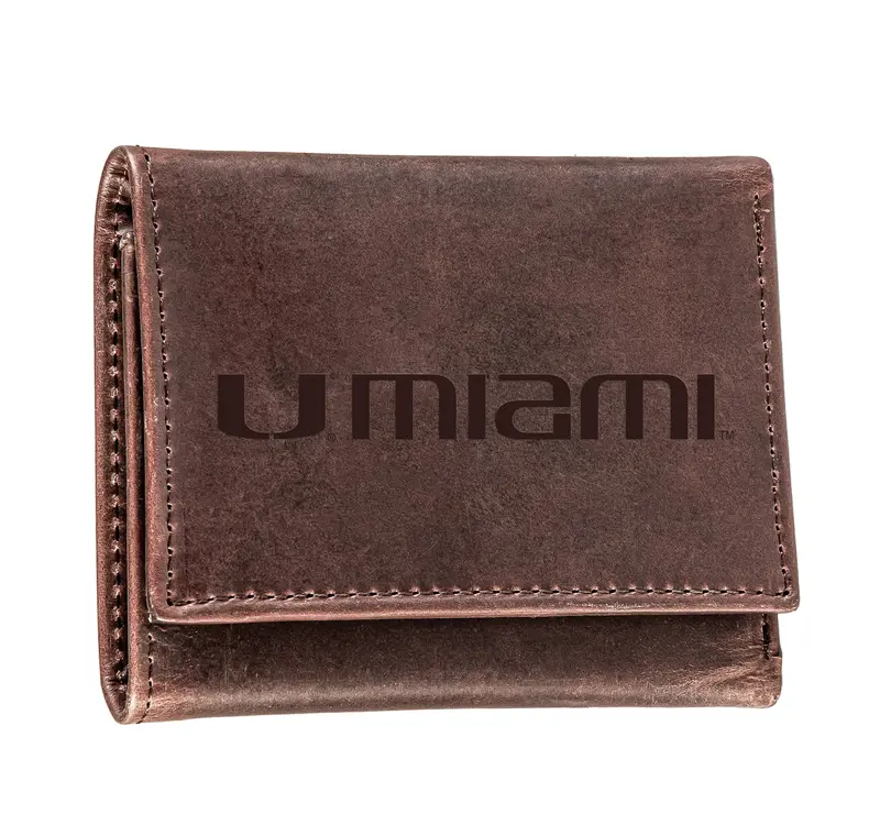 University of Miami, Tri-Fold Wallet, Brown, CH, 100% Genuine Leather