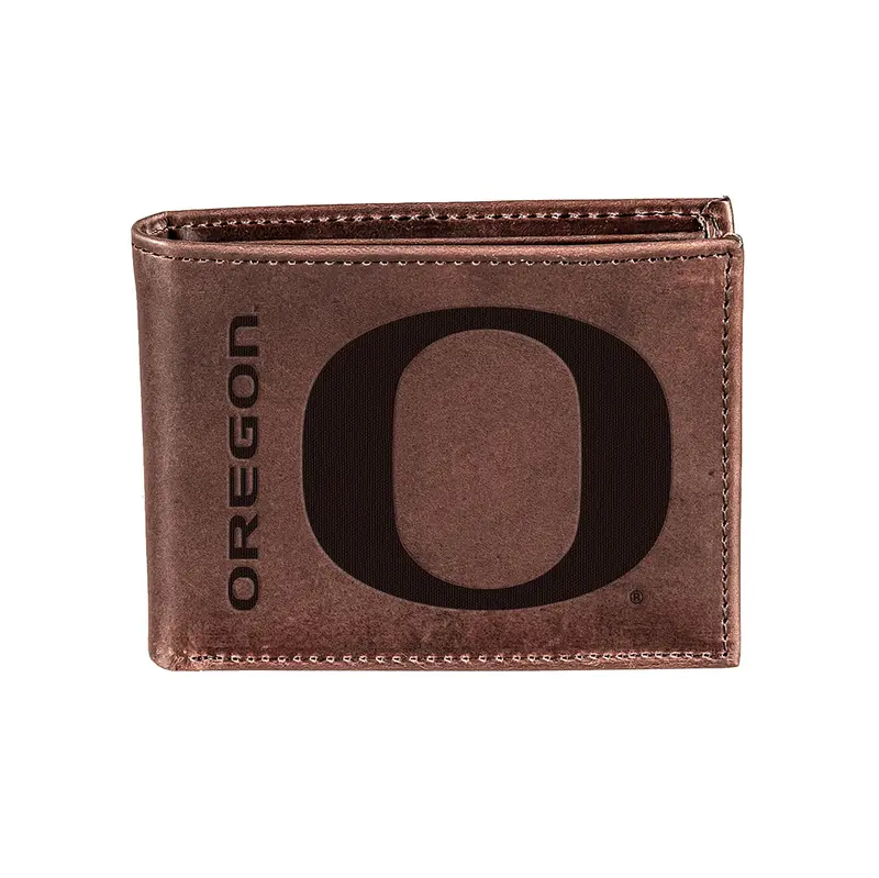 University of Oregon, Bi-Fold Wallet, Brown, CH, 100% Genuine Leather