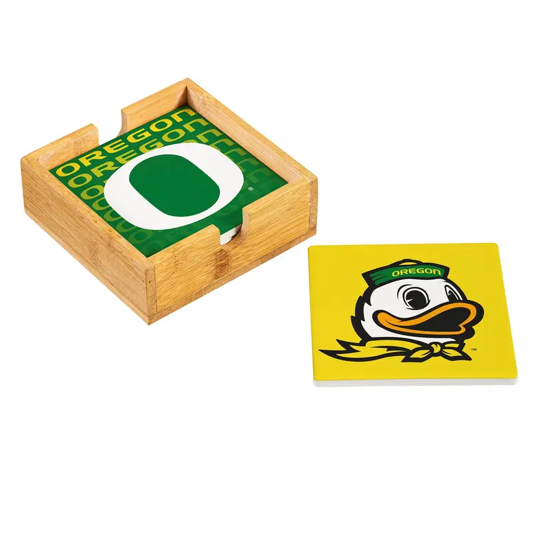 University of Oregon Ceramic Coasters Set, 4pcs with Wood Caddy