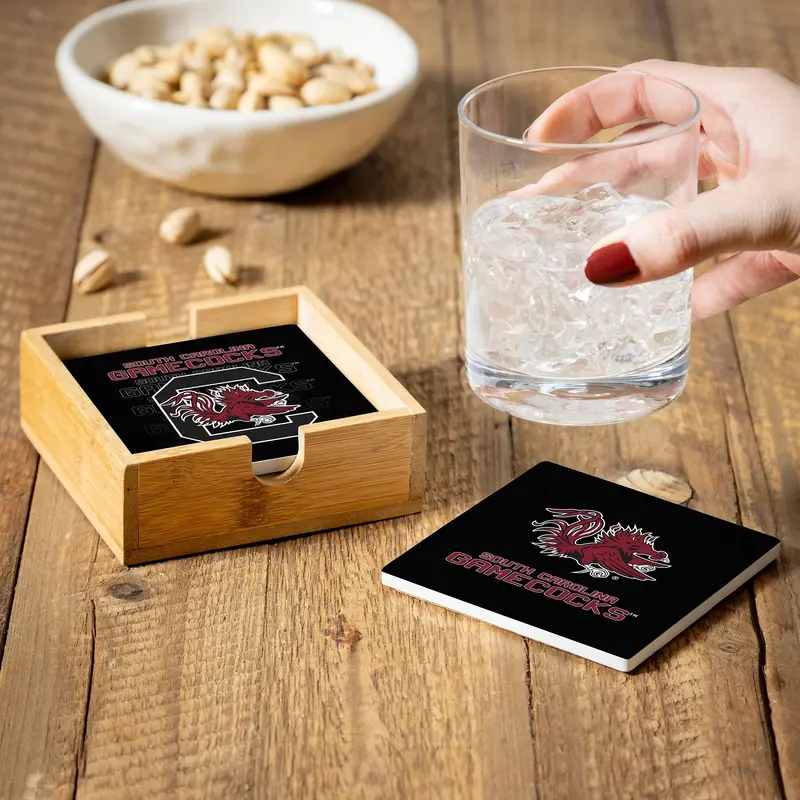 University of South Carolina Ceramic Coasters Set, 4pcs with Wood Caddy
