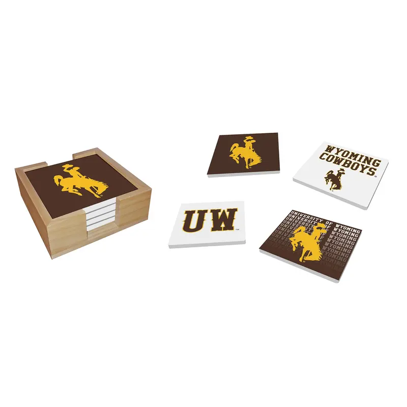 University of Wyoming Ceramic Coasters Set, 4pcs with Wood Caddy