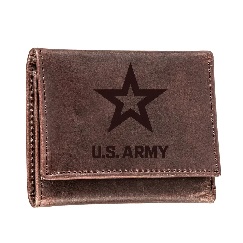 US Army Brown Tri-Fold Wallet, 100% Genuine Leather