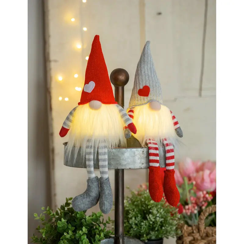 Valentine's Day LED Table Decor Fabric Gnome with Heart Embellished Hat, Asst of 2