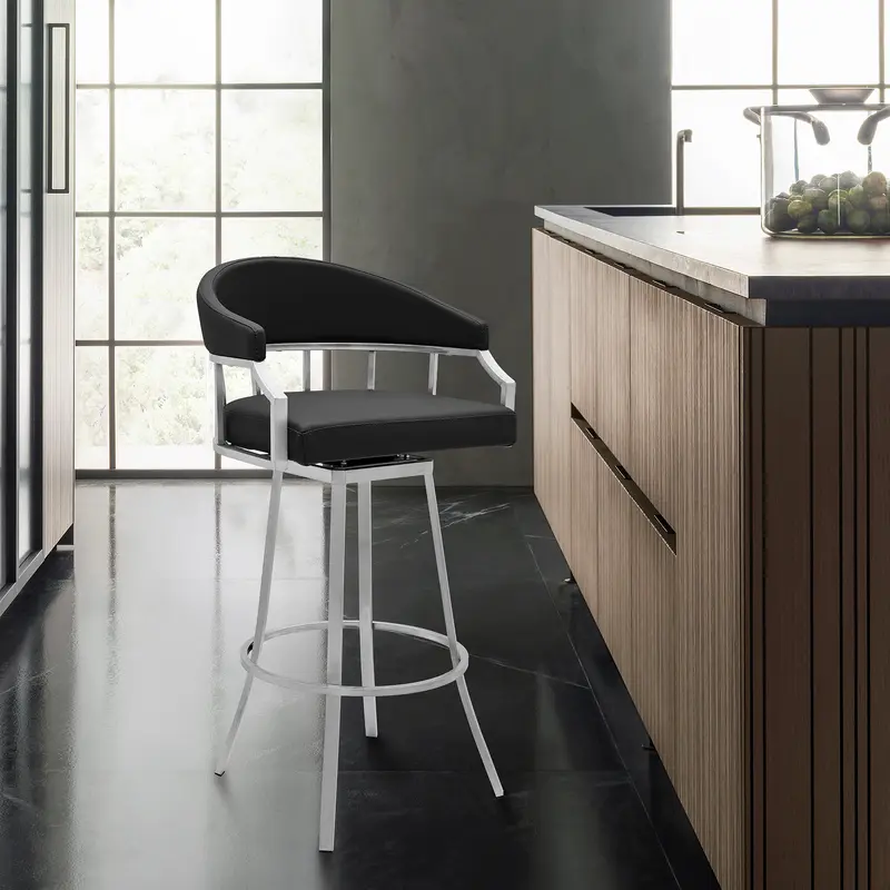 Valerie 26" Counter Height Swivel Modern Balck Faux Leather Bar and Counter Stool in Brushed Stainless Steel Finish By Armen Living