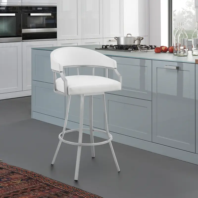 Valerie 26" Swivel White Faux Leather and Silver Metal Bar Stool By Armen Living
