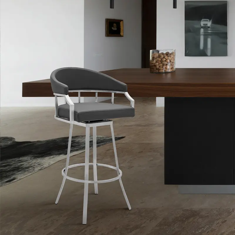 Valerie 30" Bar Height Swivel Modern Faux Leather Bar and Counter Stool in Brushed Stainless Steel Finish By Armen Living