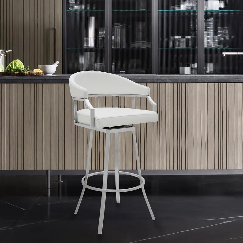 Valerie 30" Bar Height Swivel Modern White Faux Leather Bar and Counter Stool in Brushed Stainless Steel Finish By Armen Living