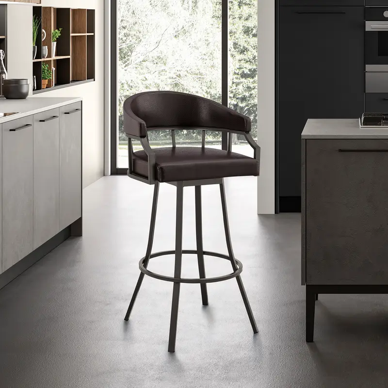 Valerie 30" Swivel Brown Faux Leather and Java Brown Metal Bar Stool By Armen Living