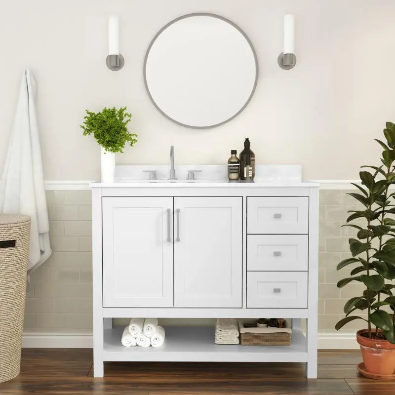 Vega 42 Inch Bathroom Vanity with Sink Open Shelf and 3 Drawers By Flash Furniture