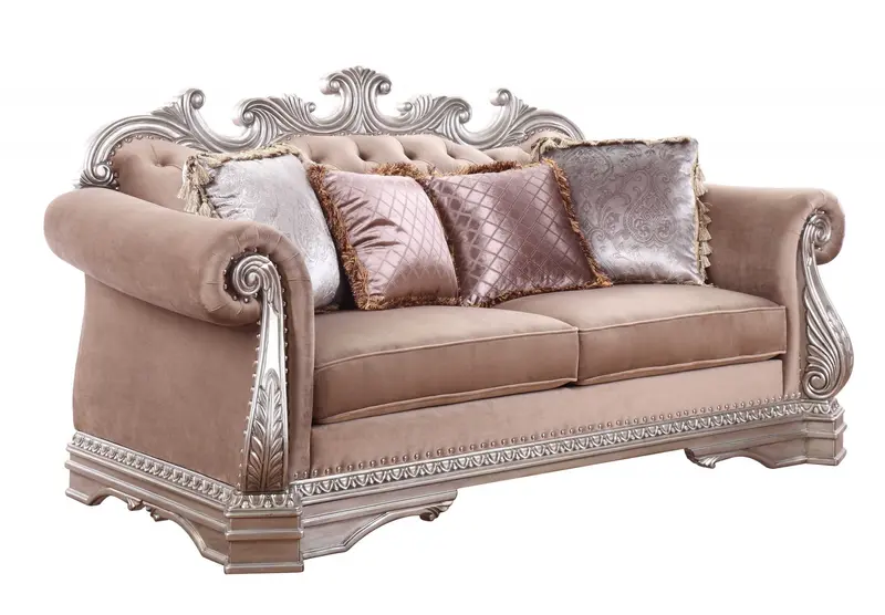 Velvet Antique Champagne Upholstery Poly-Resin Loveseat w Pillows By Homeroots