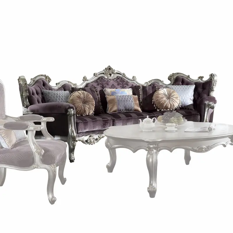 Velvet Antique Platinum Upholstery Poly-Resin Sofa w Pillows By Homeroots