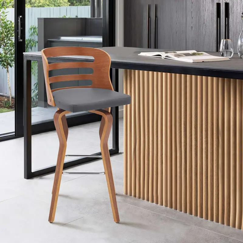 Verne 26" Swivel Gray Faux Leather and Walnut Wood Bar Stool By Armen Living