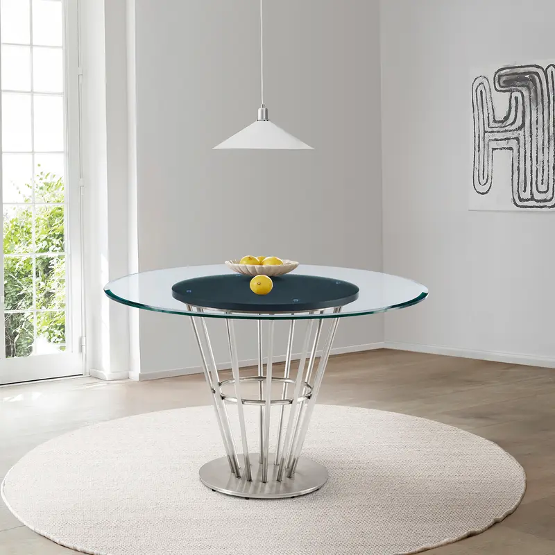 Veronica 48" Round Dining Table in Brushed Stainless Steel Base with Walnut Panel and Glass Tabletop By Armen Living