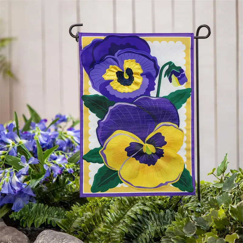 Vibrant Pansies Applique Garden Flag
