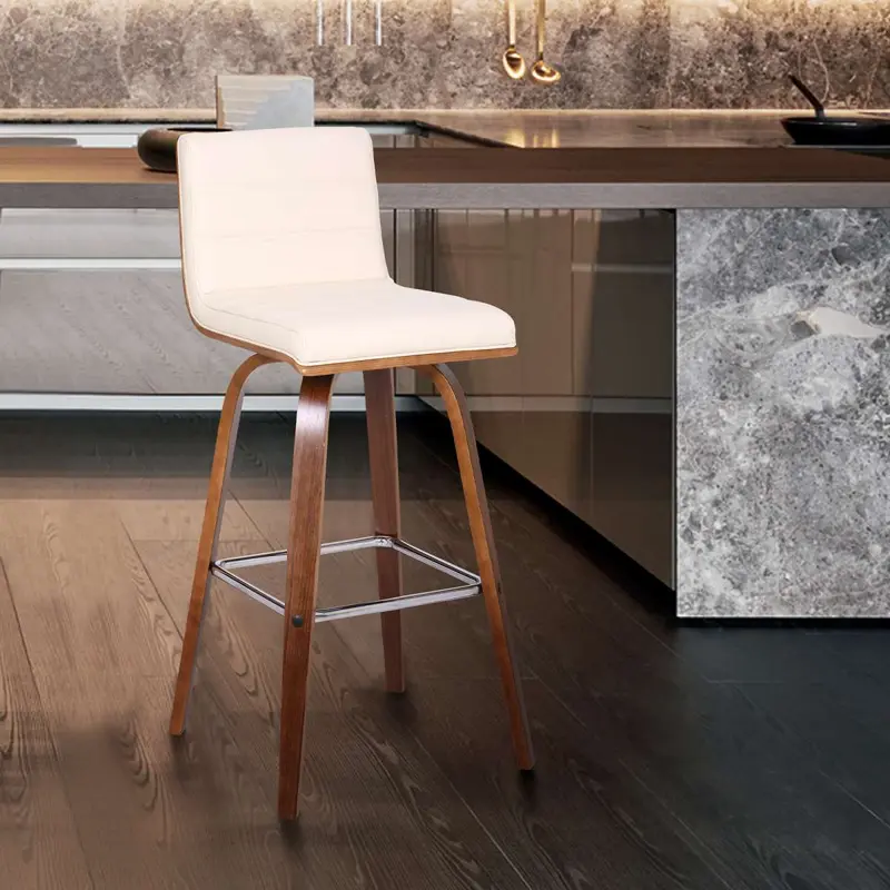 Vienna 30" Bar Height Swivel Cream Faux Leather and Walnut Wood Bar Stool By Armen Living