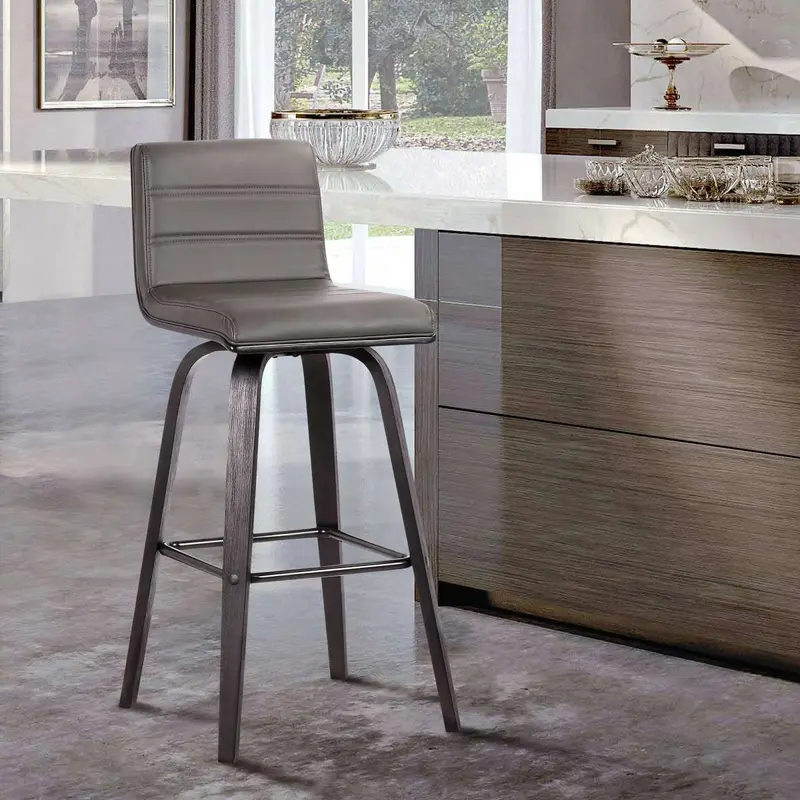 Vienna 30" Bar Height Swivel Grey Faux Leather and Black Wood Bar Stool By Armen Living