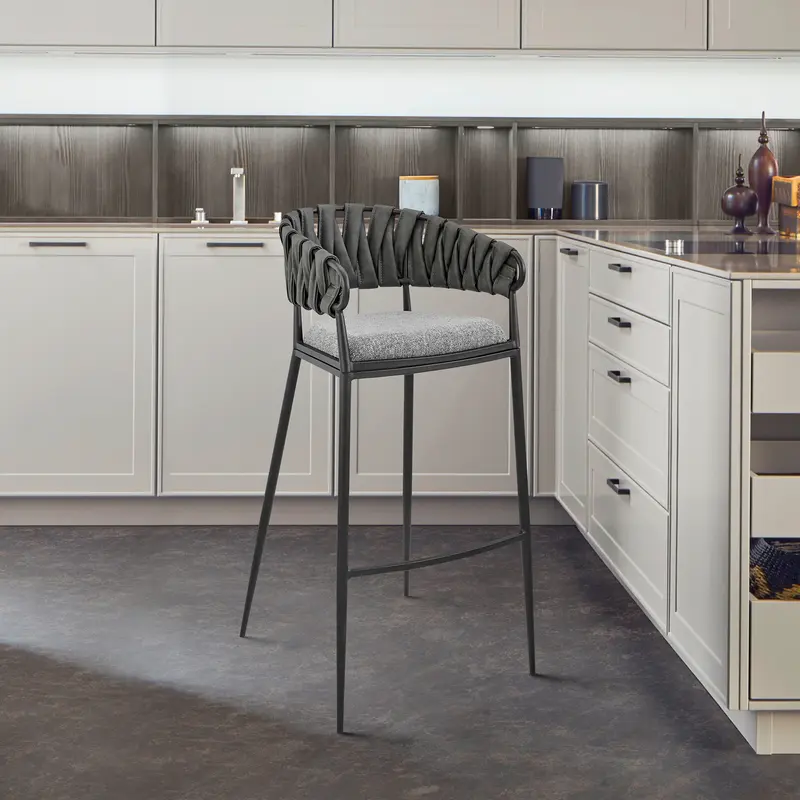 Vigona Counter Stool in Black Metal with Grey Fabric and Faux Leather By Armen Living