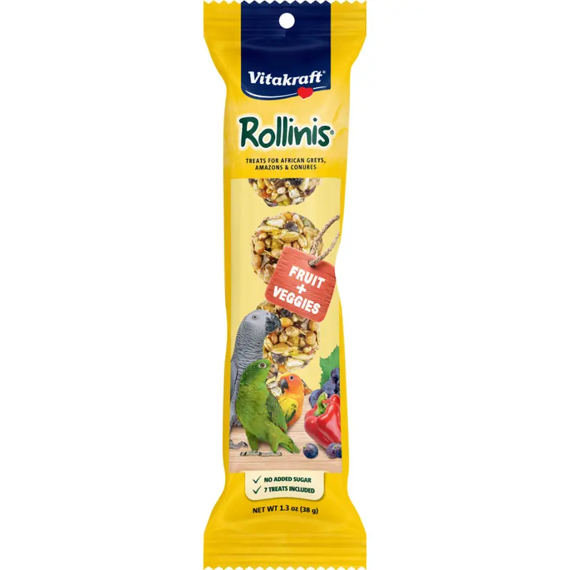Vitakraft Rollinis Fruit & Veggies Bird Treat Sticks 1.3 Oz for African Greys, Amazons and Conures, 7 Count