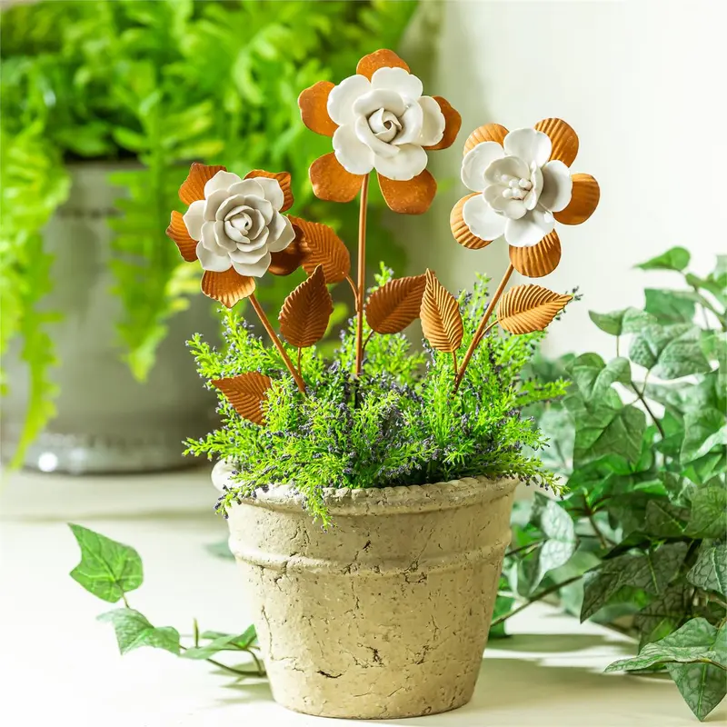 VivaStyle Garden Stake, Metal & Ceramic Flower Plant Pick, 12"H, Set of 24 in Bucket Display