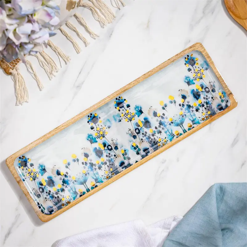 VivaStyle Gilded Meadow Serveware, Rectangular Wood Serving Tray, 18"L
