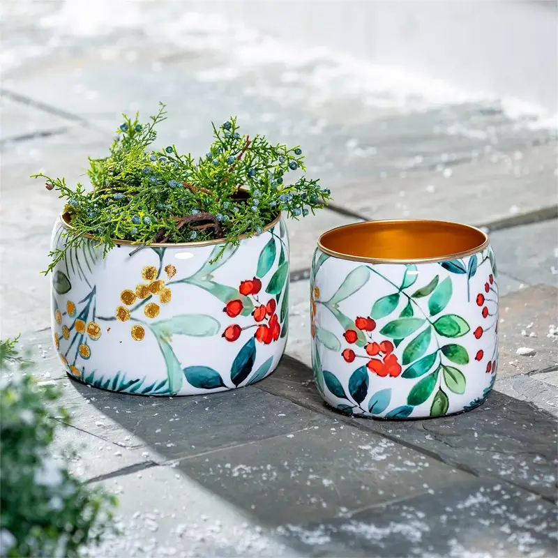 VivaStyle Planter, Metal Printed Planters, Festive Foliage, 8"H, Set of 2