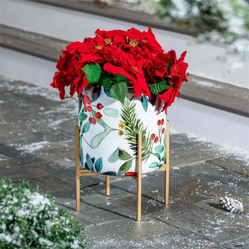 VivaStyle Planter, Printed Metal Planter with Legs, Festive Foliage, 18.7"H