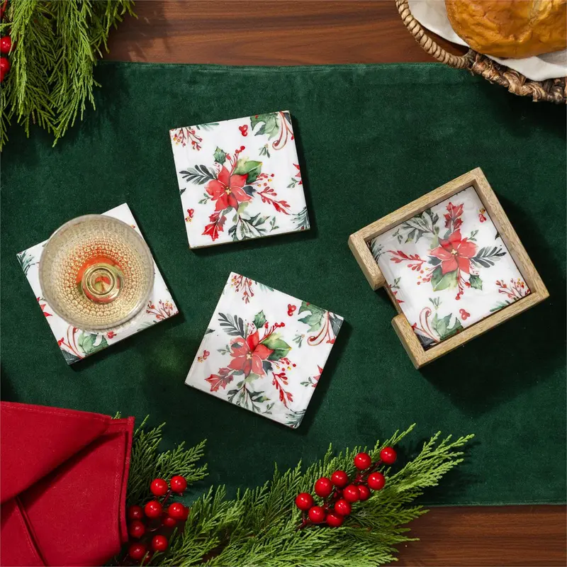 VivaStyle Poinsettia Bliss Coasters, Set of 4