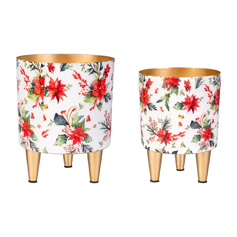 VivaStyle Poinsettia Bliss Planter with Gold Feet, Planter with Stand, Set of 2