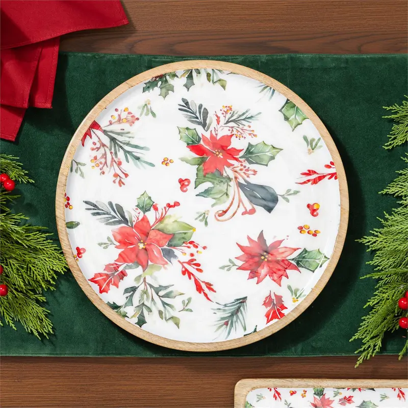 VivaStyle Poinsettia Bliss Platter, Round Wood Platter, 14"L