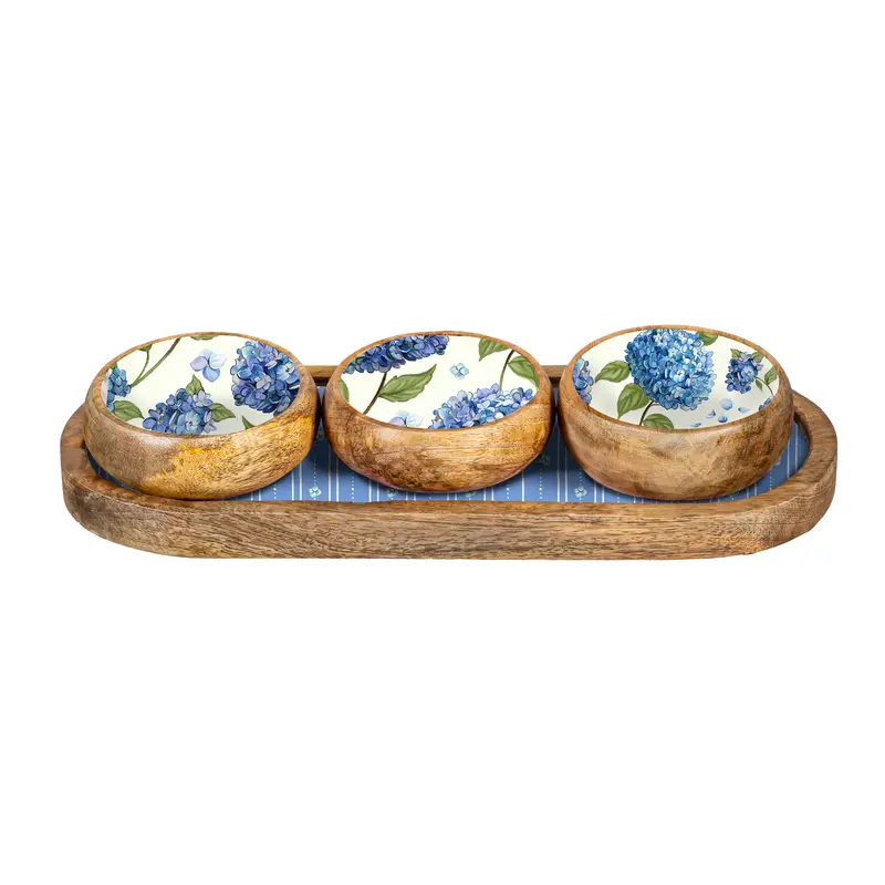 VivaStyle Serveware, 3-Section Wood Server with Bowls, Hydrangea, 13"L