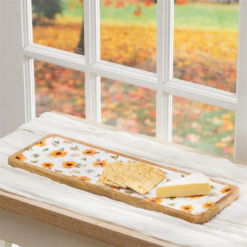 VivaStyle Sunflower Fields Serveware, Rectangular Wood Serving Tray, 18"L