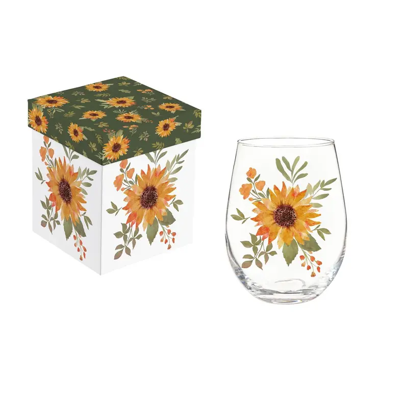 VivaStyle Sunflower Fields Wine Glass Stemless, 17oz, Gift box
