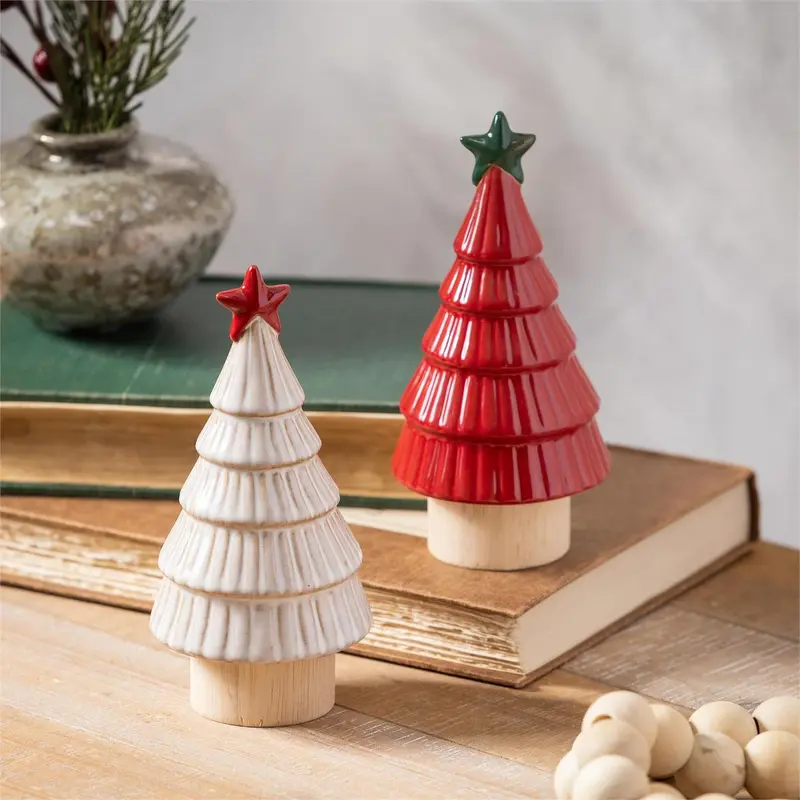 VivaStyle Table Decor, Ceramic Table Decor, Christmas Tree, 6.5"H, Asst of 2
