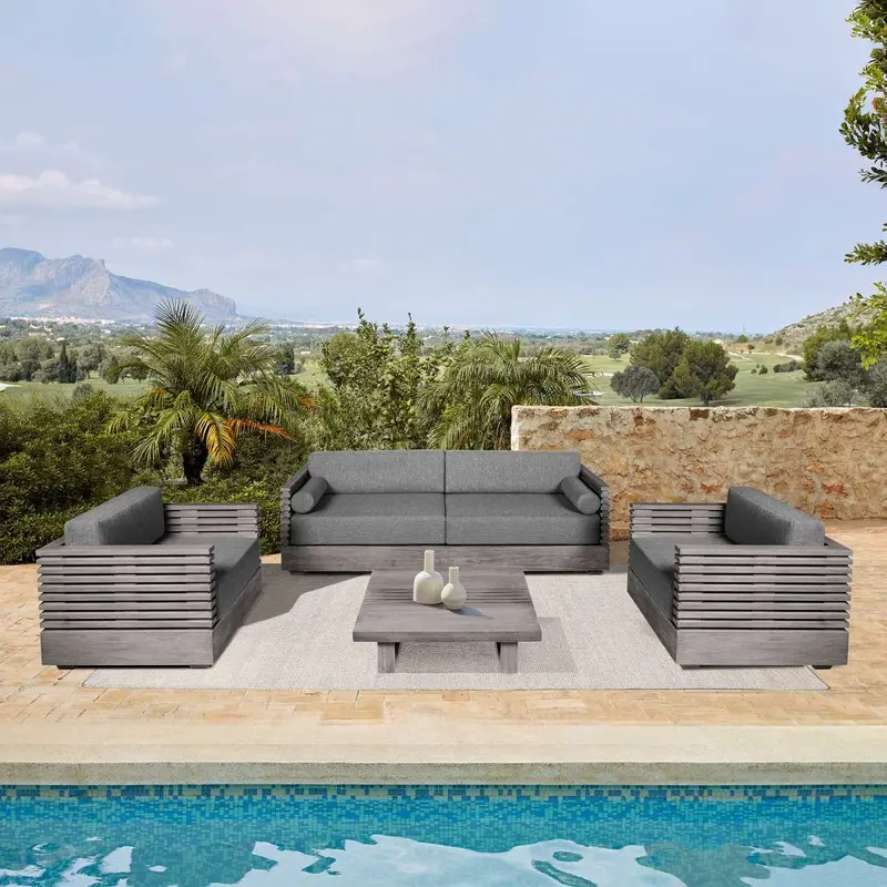 Vivid Outdoor Patio 4 Piece Conversation Set in Gray Eucalyptus Wood with Gray Olefin Cushions By Armen Living