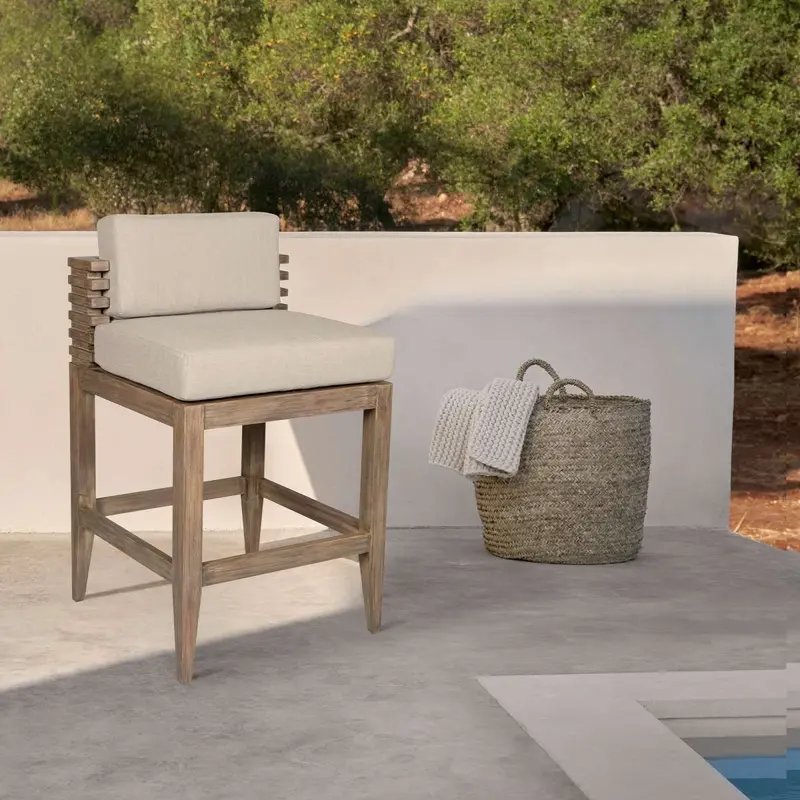 Vivid Outdoor Patio Bar Stool in Light Eucalyptus Wood with Taupe Olefin Cushions By Armen Living