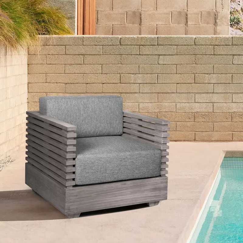 Vivid Outdoor Patio Chair in Gray Eucalyptus Wood with Gray Olefin Cushions By Armen Living